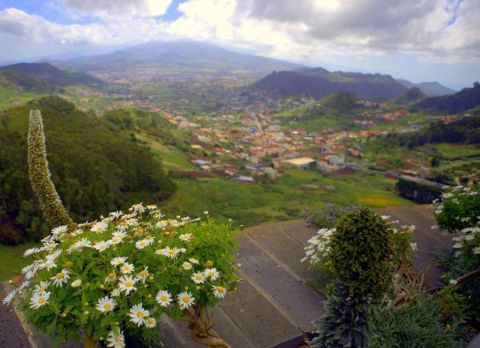 San Cristobal de la Laguna from look-out Mirador Cruz del Carmen of TF 12 motorway towards biosphere Macizo de Anaga.