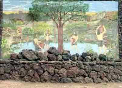 Taoro Guanche enclave by historical mural at Puerto de la Cruz Taoro Park.